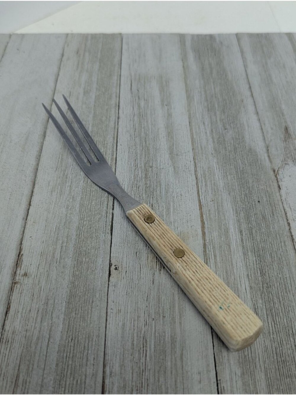 Ekco 3 Prong Tine Meat Serving Fork 7 3/4" Stainless Steel Granny Wood Handle